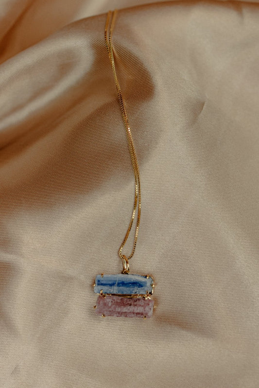 Blue Kyanite & Pink Crystal Double Bar Pendant Necklace (Gold)