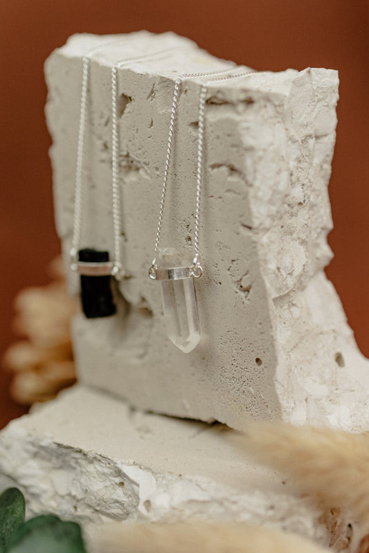 Black Tourmaline & Clear Quartz 925 Sterling Silver Duo Pendant Necklace