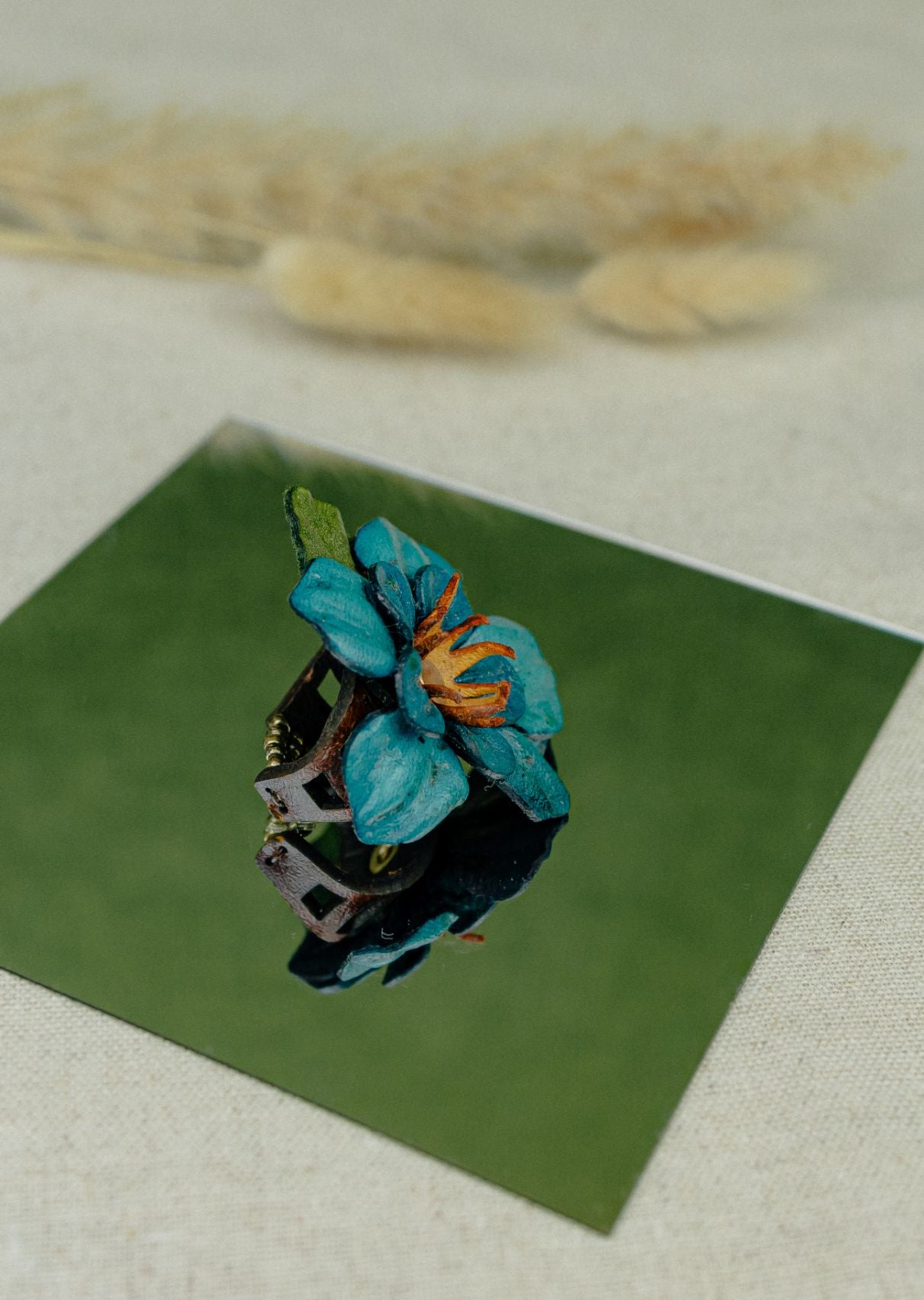 Field Flower Leather Ring — Teal Blue