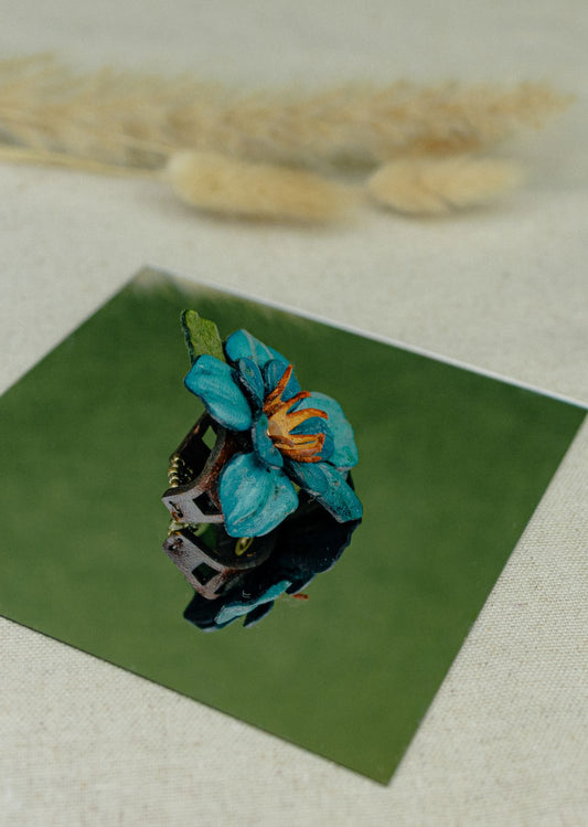 Field Flower Leather Ring — Teal Blue