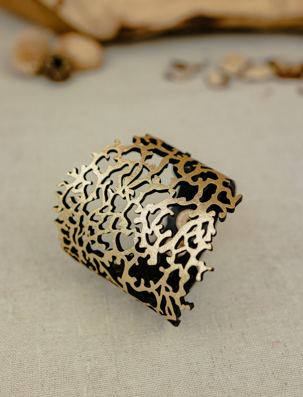 Leather Floral Lattice Cuff – Brown