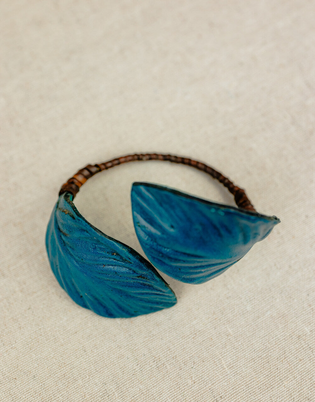 Leather Double Leaf Open Bangle – Ocean Blue