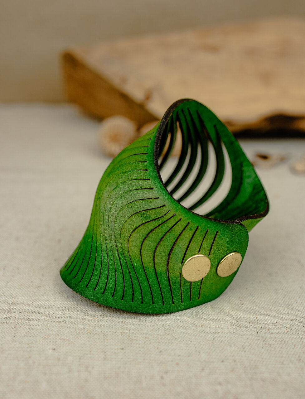 Leather Sculptural Wave Cuff – Forest Green