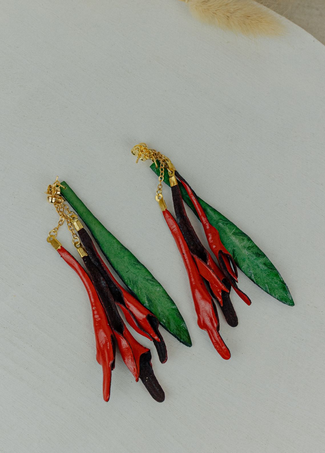Bird of Paradise Leather Drop Earrings — Red & Green