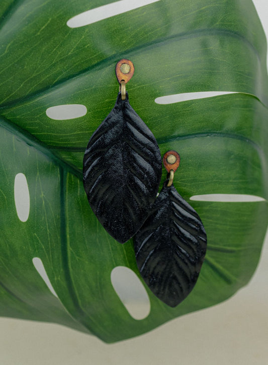 Painted Leaf Leather Drop Earrings — Black