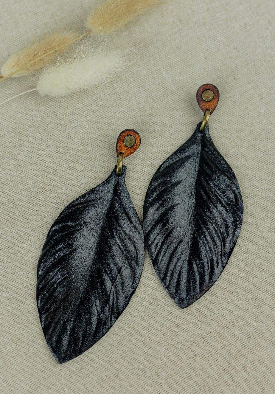 Painted Leaf Leather Drop Earrings — Black