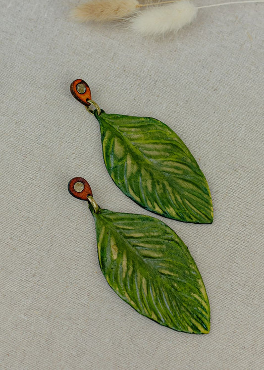 Painted Leaf Leather Drop Earrings — Variegated Green