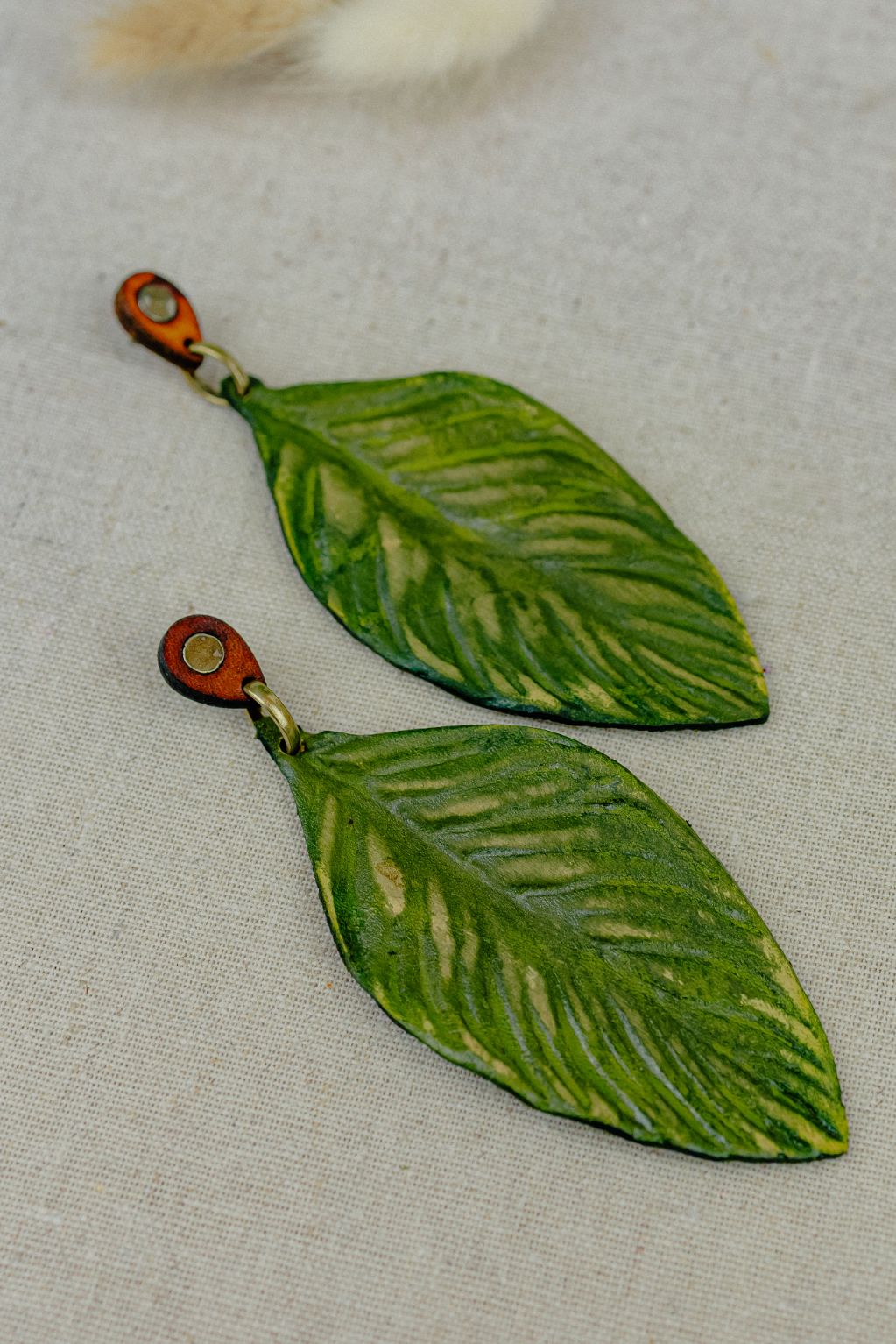 Painted Leaf Leather Drop Earrings — Variegated Green