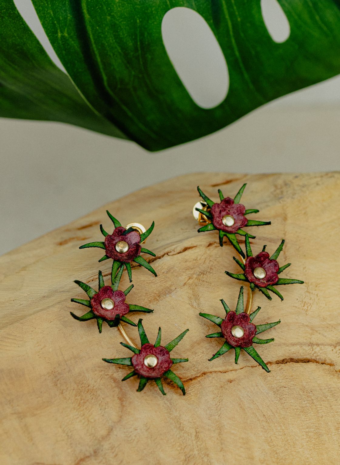 Cascade Flower Leather Drop Earrings — Burgundy & Green