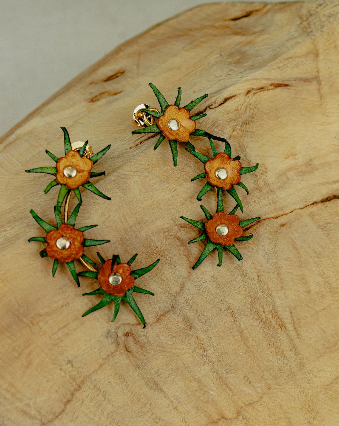 Cascade Flower Leather Drop Earrings — Terracotta & Green