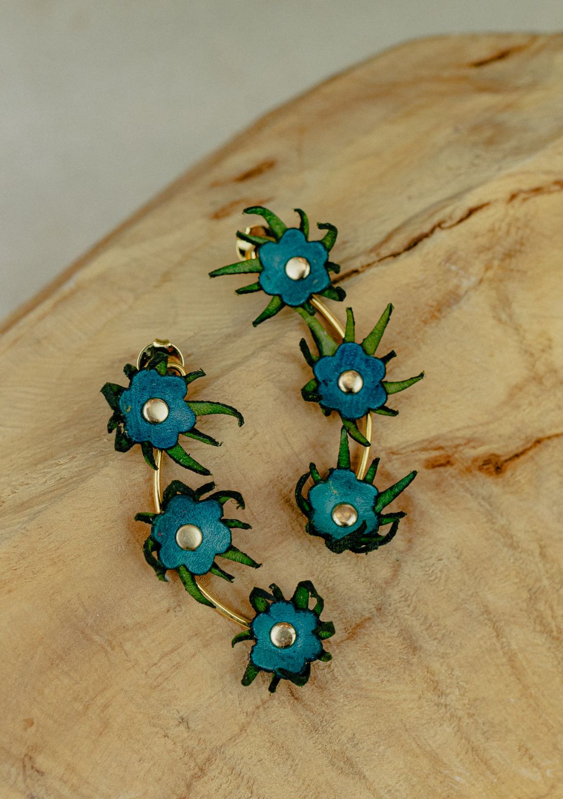 Cascade Flower Leather Drop Earrings — Teal & Green