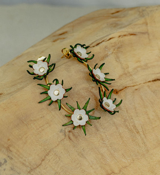 Cascade Flower Leather Drop Earrings — White & Green