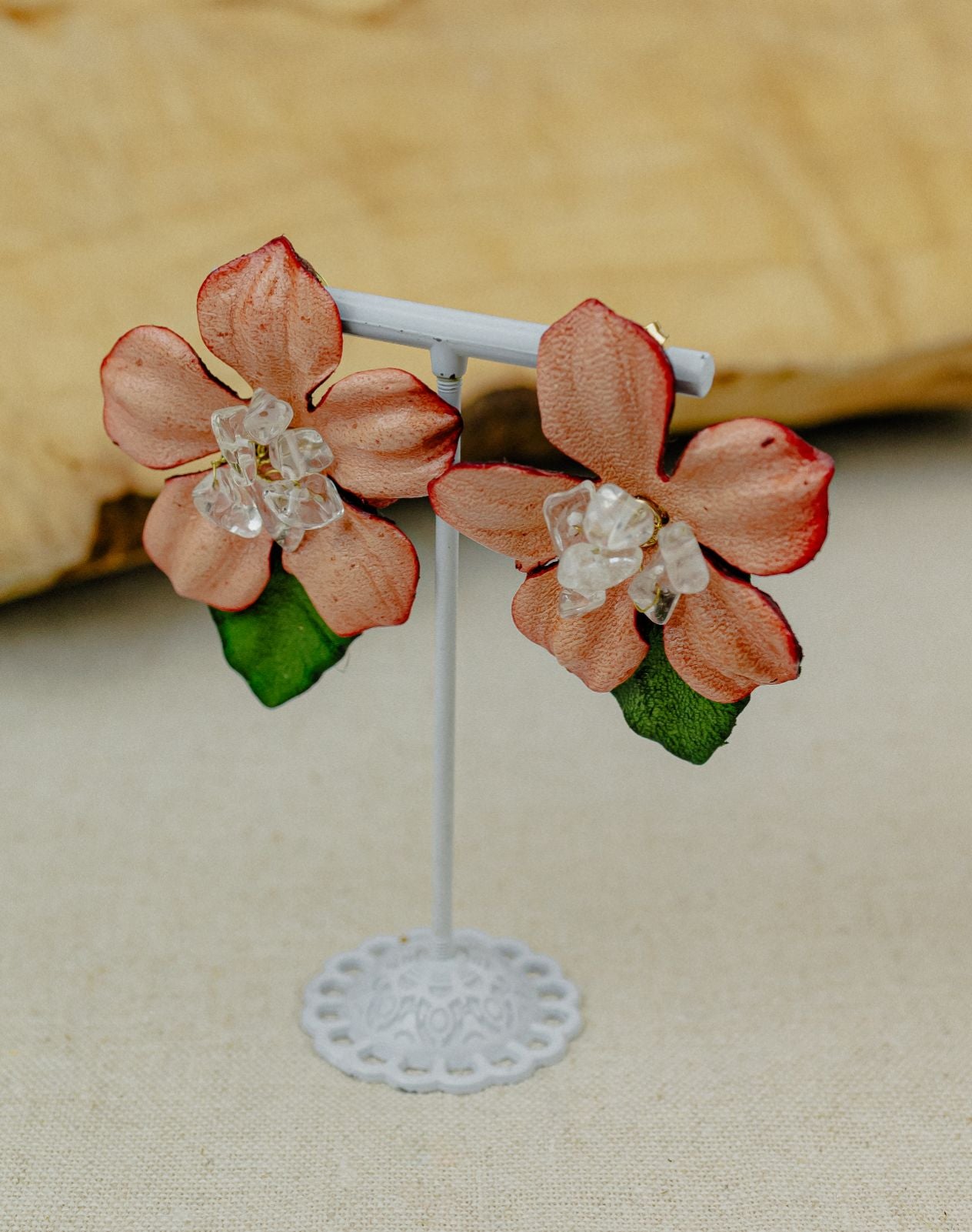 Orchid & Crystal Leather Stud Earrings — Blush Pink