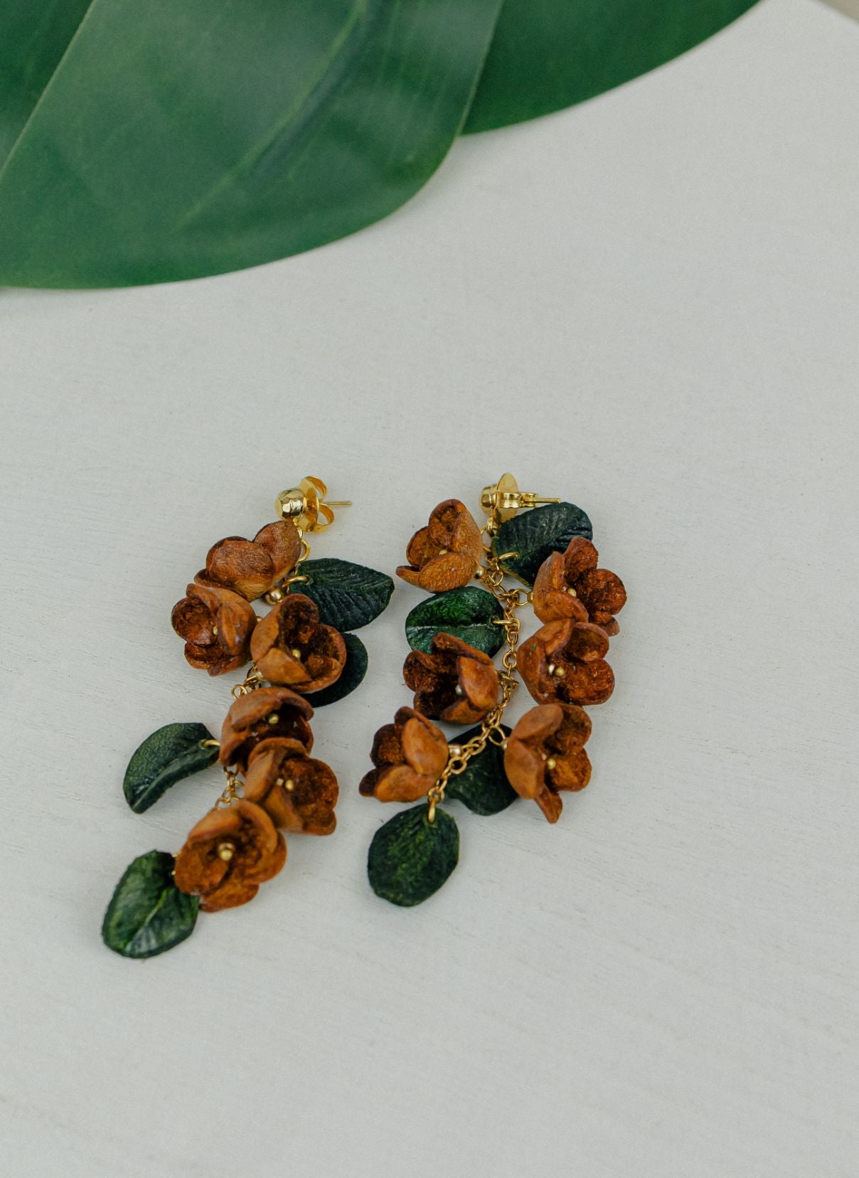 Garden Cascade Leather Drop Earrings — Caramel & Dark Green