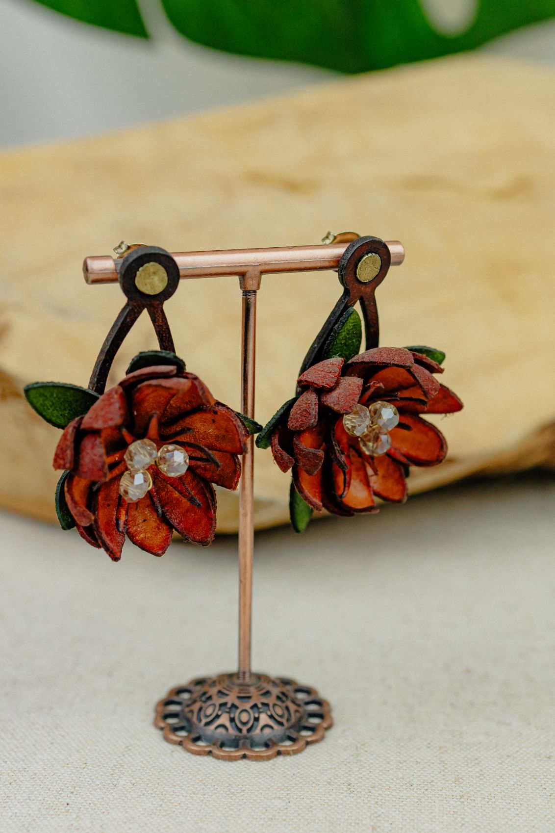 Orchid & Crystal Leather Drop Earrings — Rust & Green