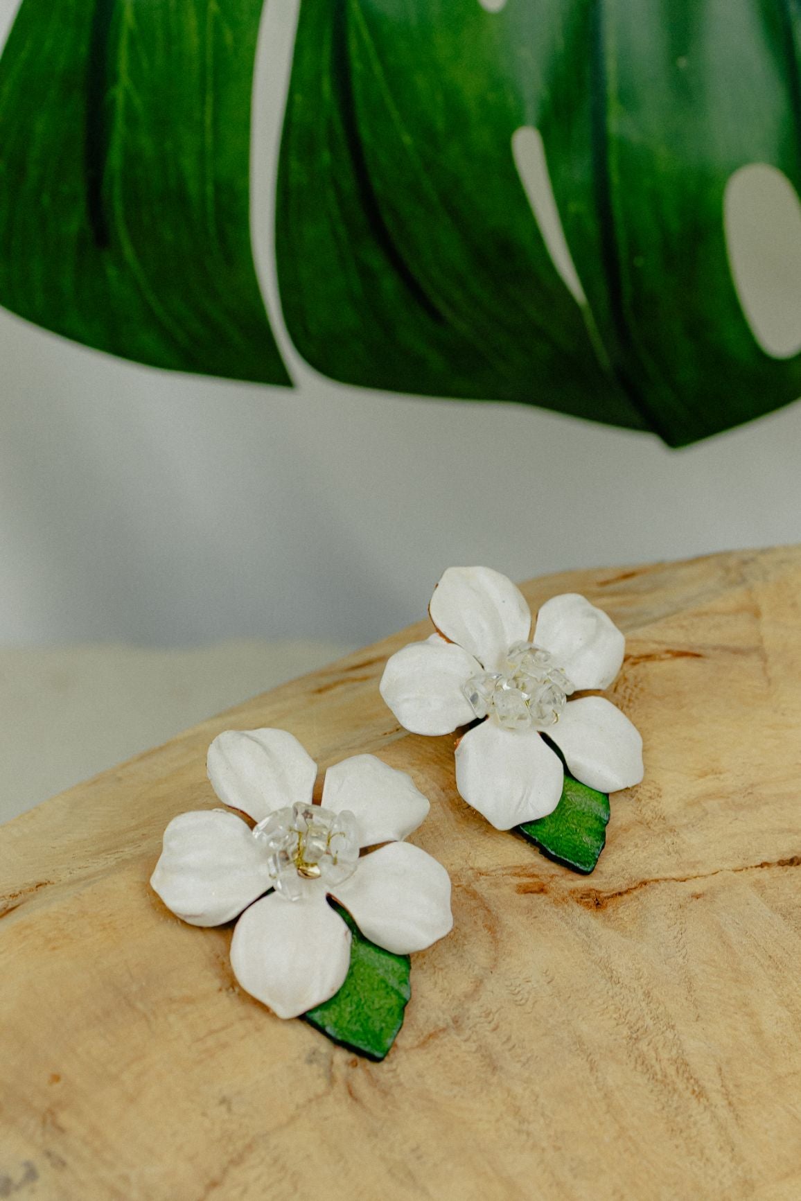 Orchid & Crystal Leather Stud Earrings — White
