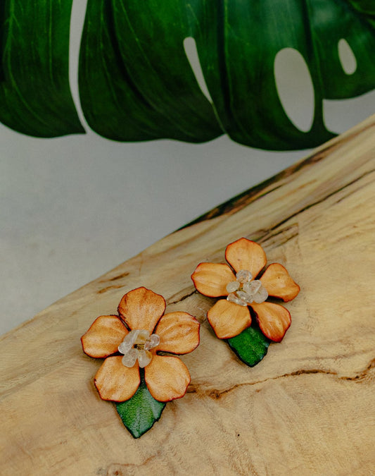 Orchid & Crystal Leather Stud Earrings — Terracotta