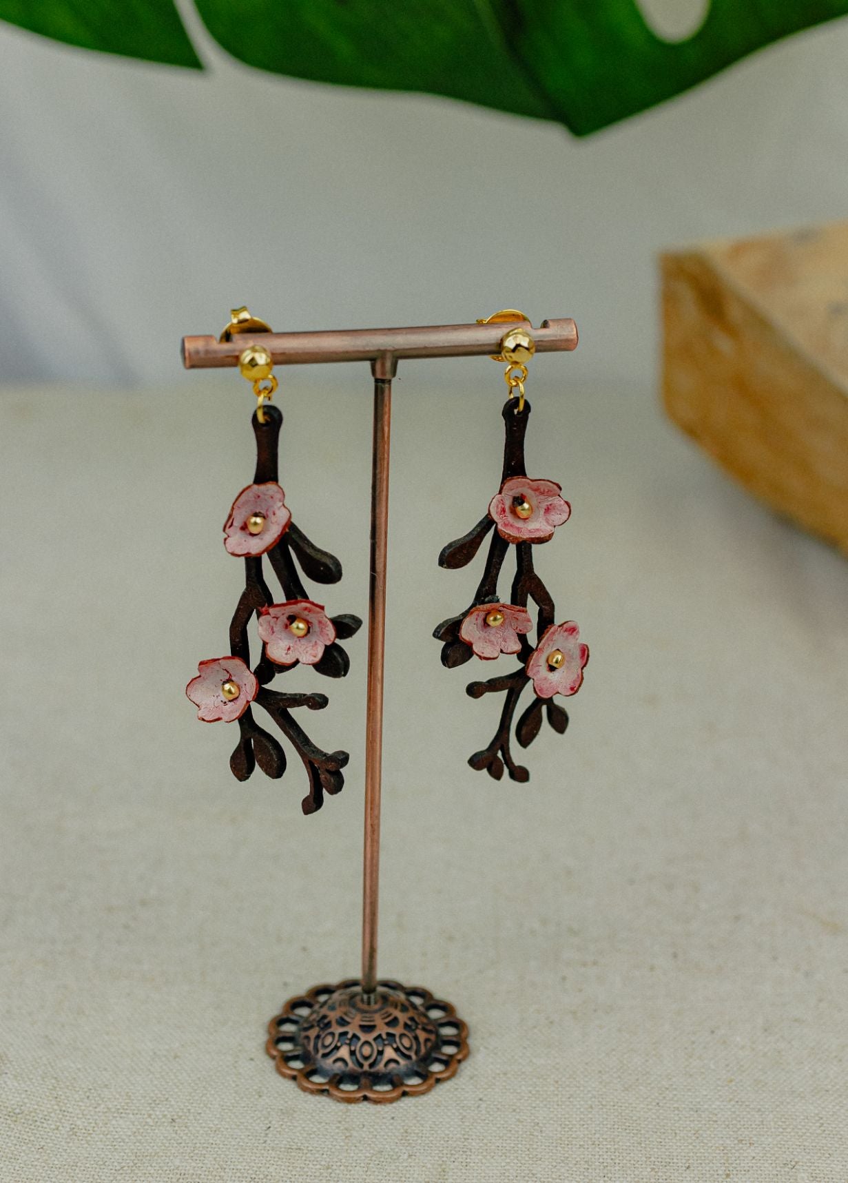 Cherry Blossom Branch Leather Drop Earrings — Pink & Dark (Style 1)