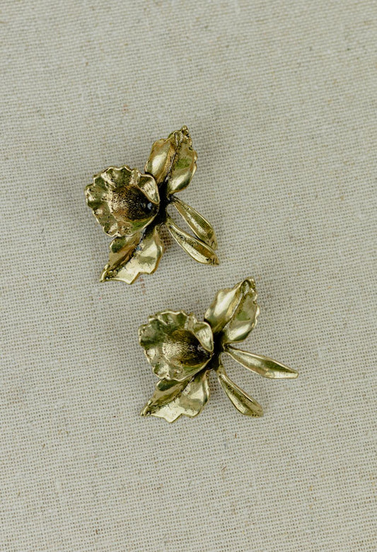 Antique Orchid Metal Stud Earrings — Gold (Style 2)