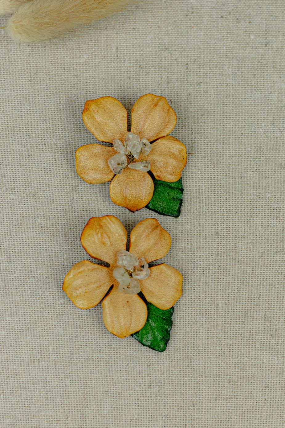 Hibiscus & Crystal Leather Stud Earrings — Peach