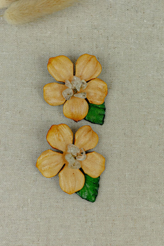 Hibiscus & Crystal Leather Stud Earrings — Peach