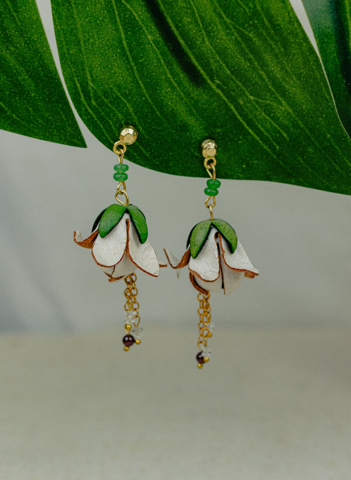 Bell Flower & Crystal Leather Drop Earrings — White