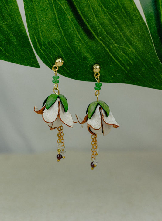 Bell Flower & Crystal Leather Drop Earrings — White