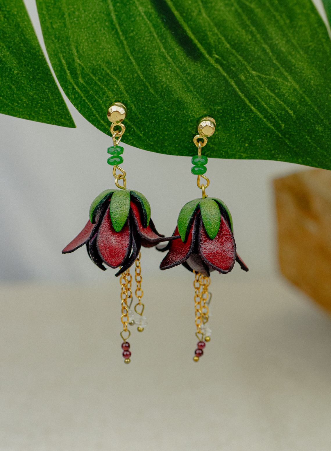 Bell Flower & Crystal Leather Drop Earrings — Burgundy