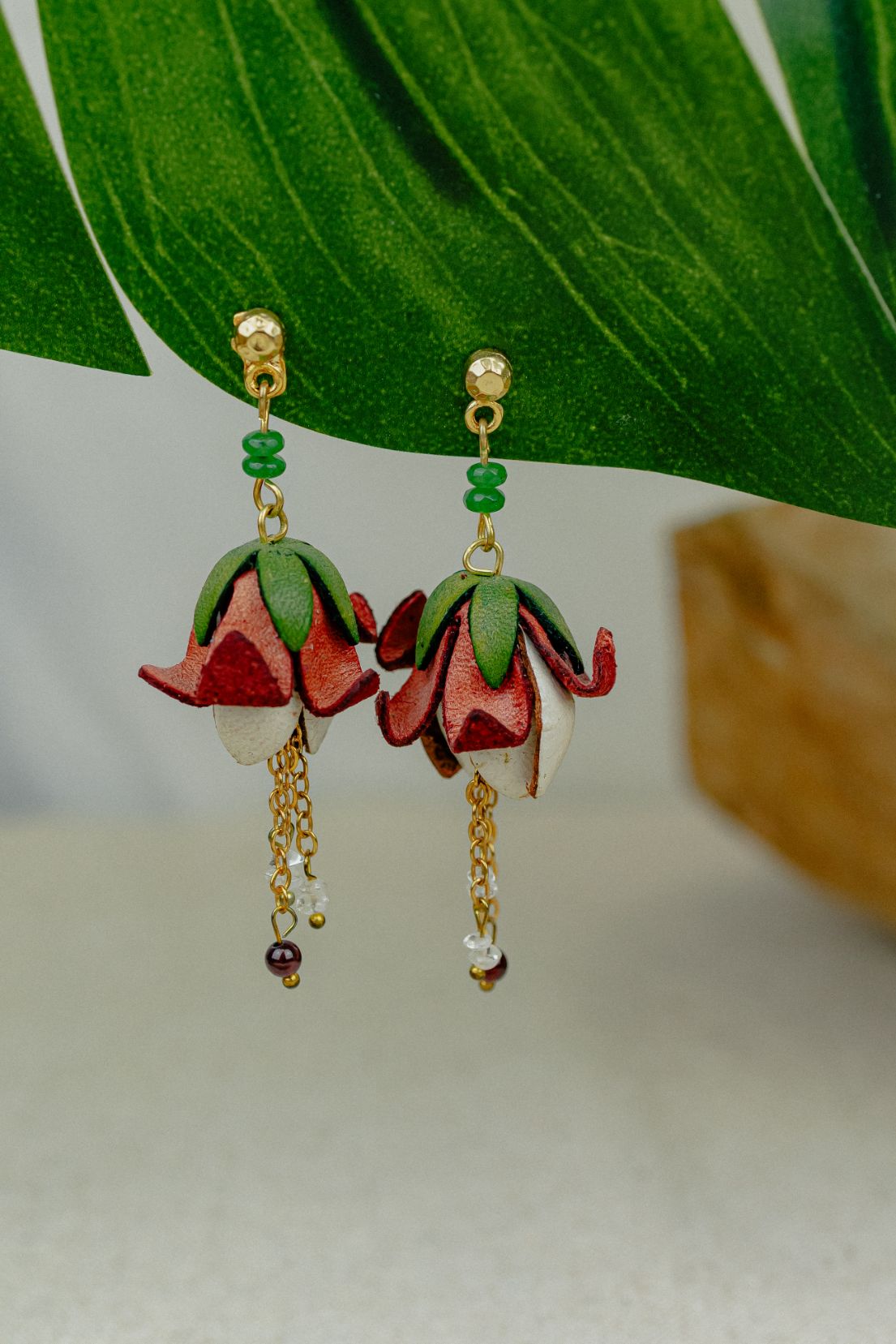 Bell Flower & Crystal Leather Drop Earrings — Red & Ivory