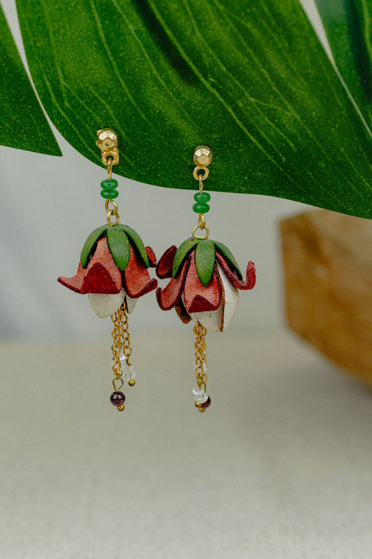 Bell Flower & Crystal Leather Drop Earrings — Red & Ivory