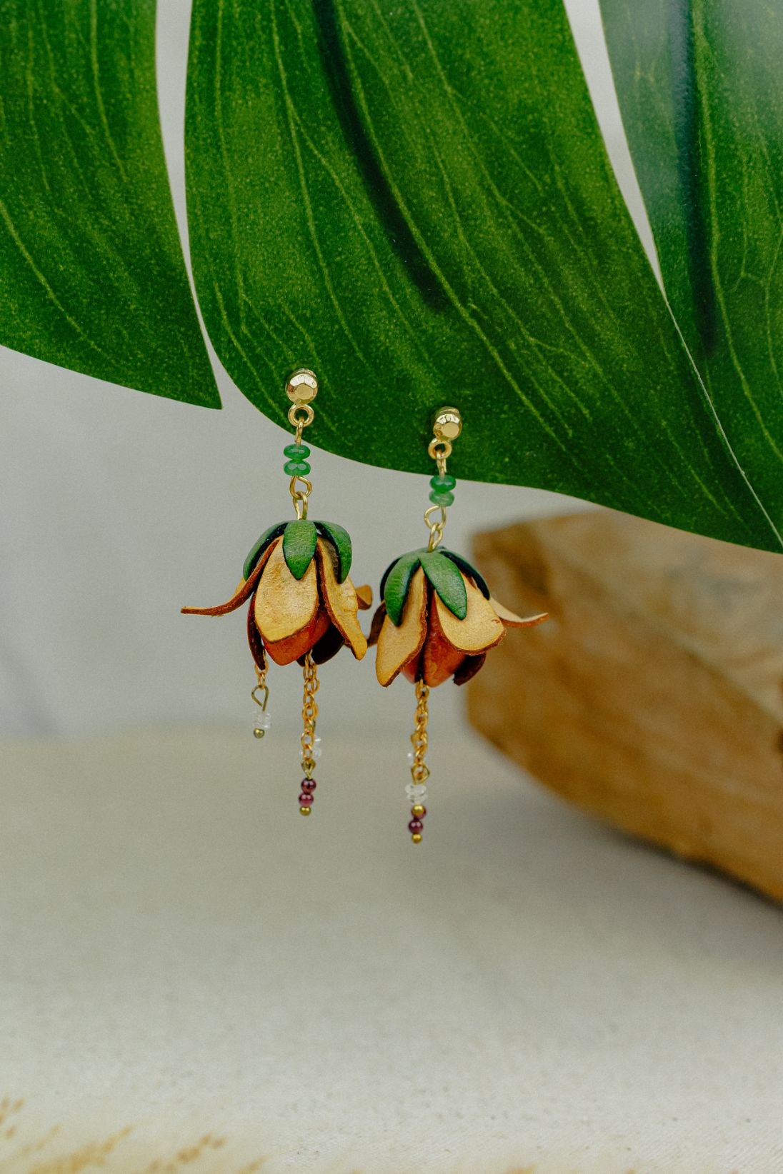 Bell Flower & Crystal Leather Drop Earrings — Amber