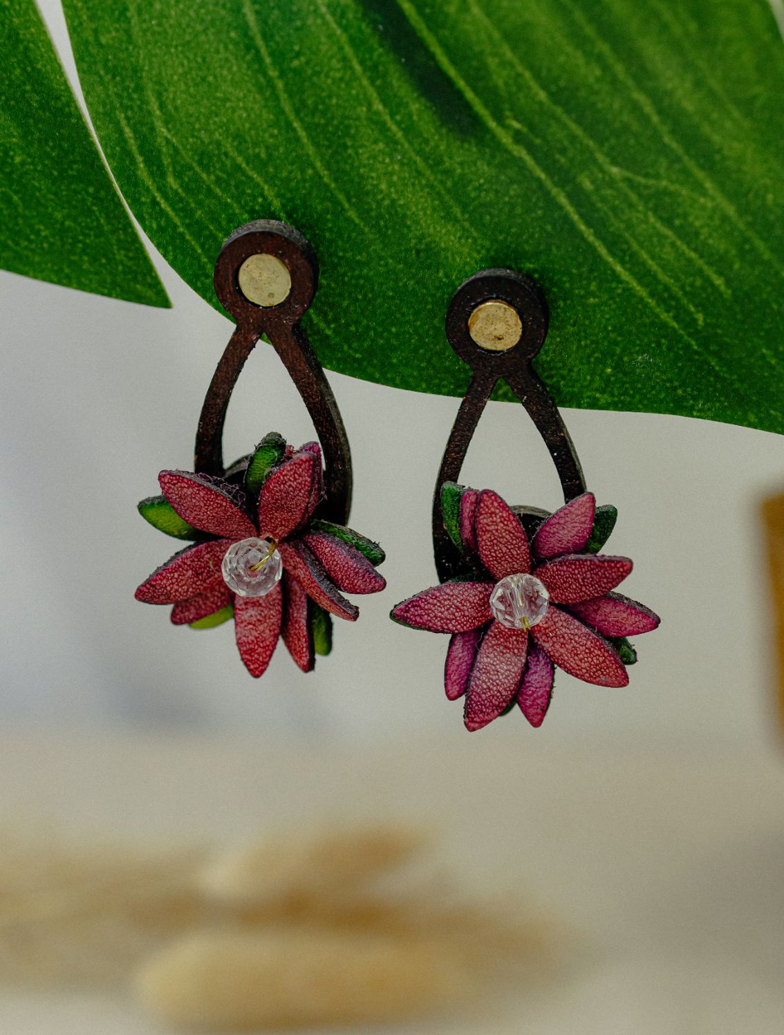 Star Flower & Crystal Leather Drop Earrings — Plum