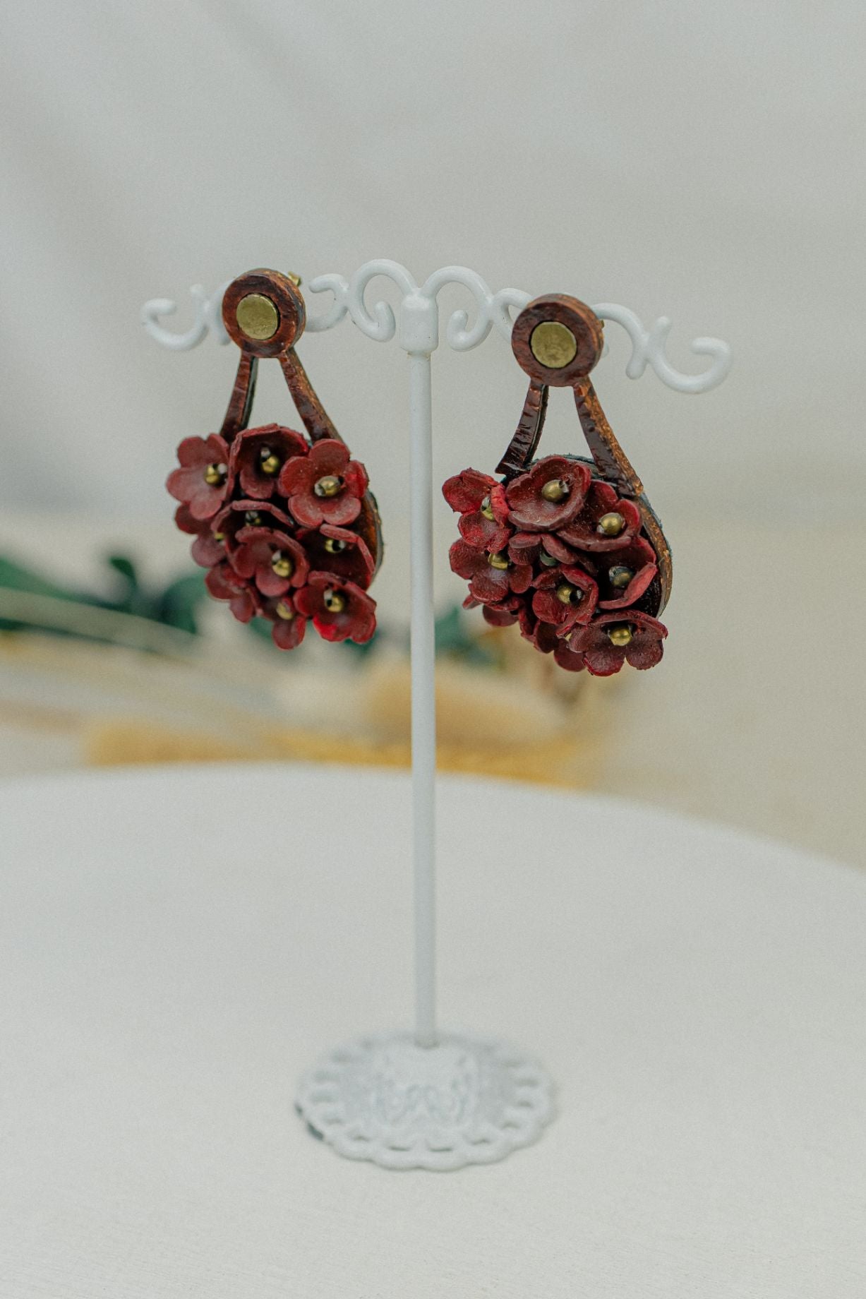 Hydrangea Cluster Leather Drop Earrings — Burgundy