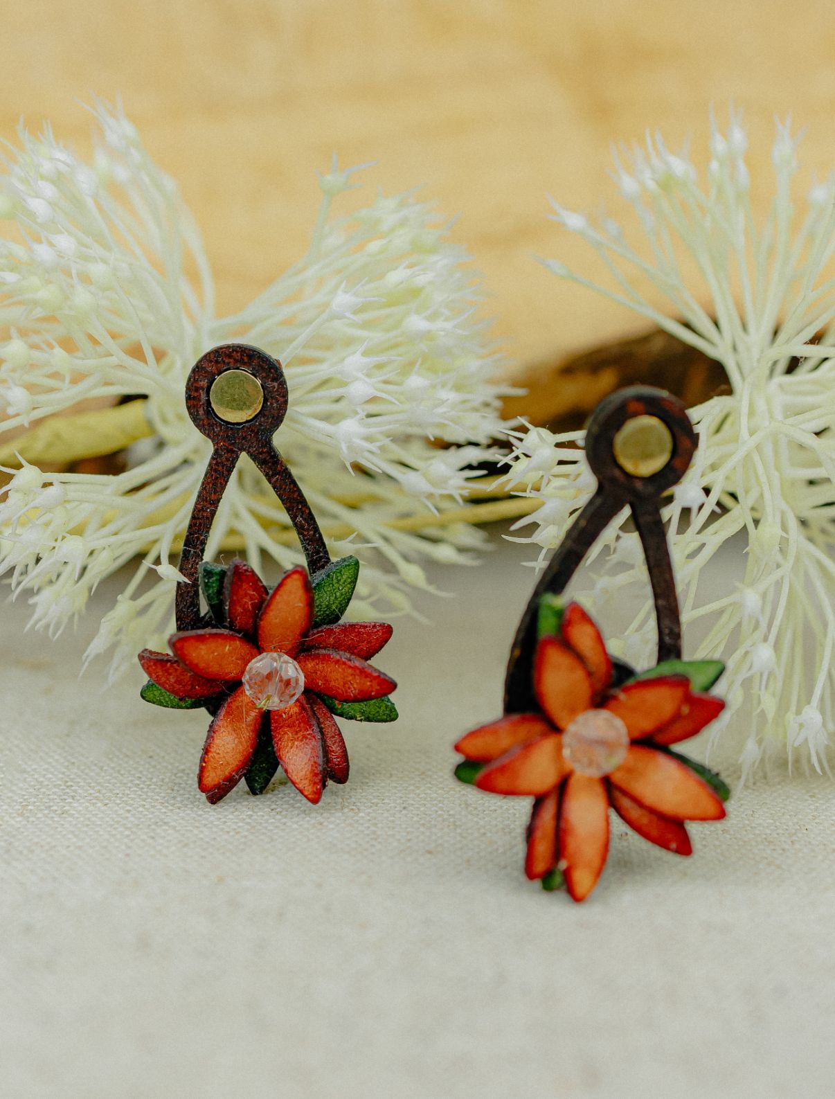 Star Flower & Crystal Leather Drop Earrings — Terracotta