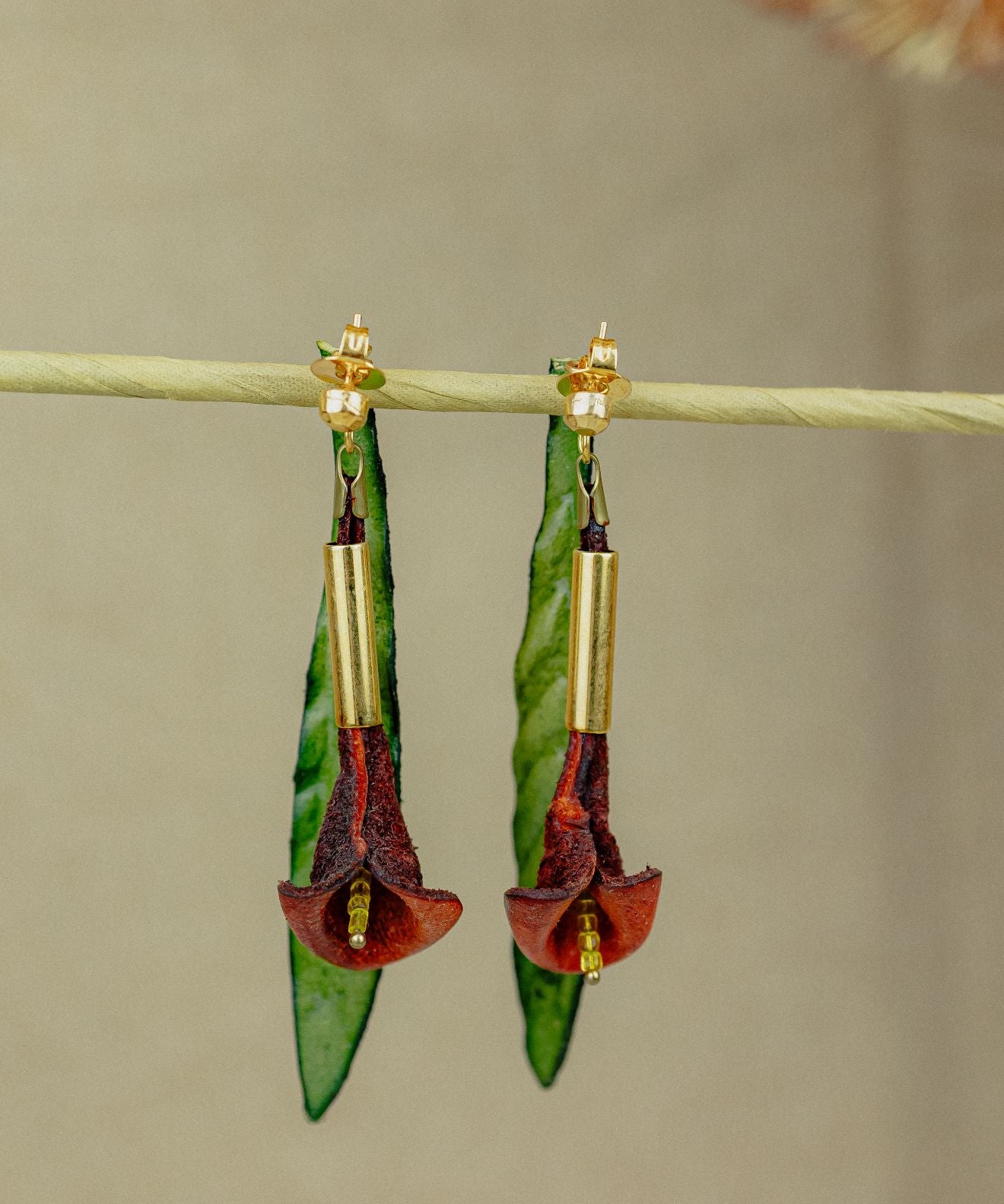 Calla Lily & Gold Leather Drop Earrings — Burgundy & Green