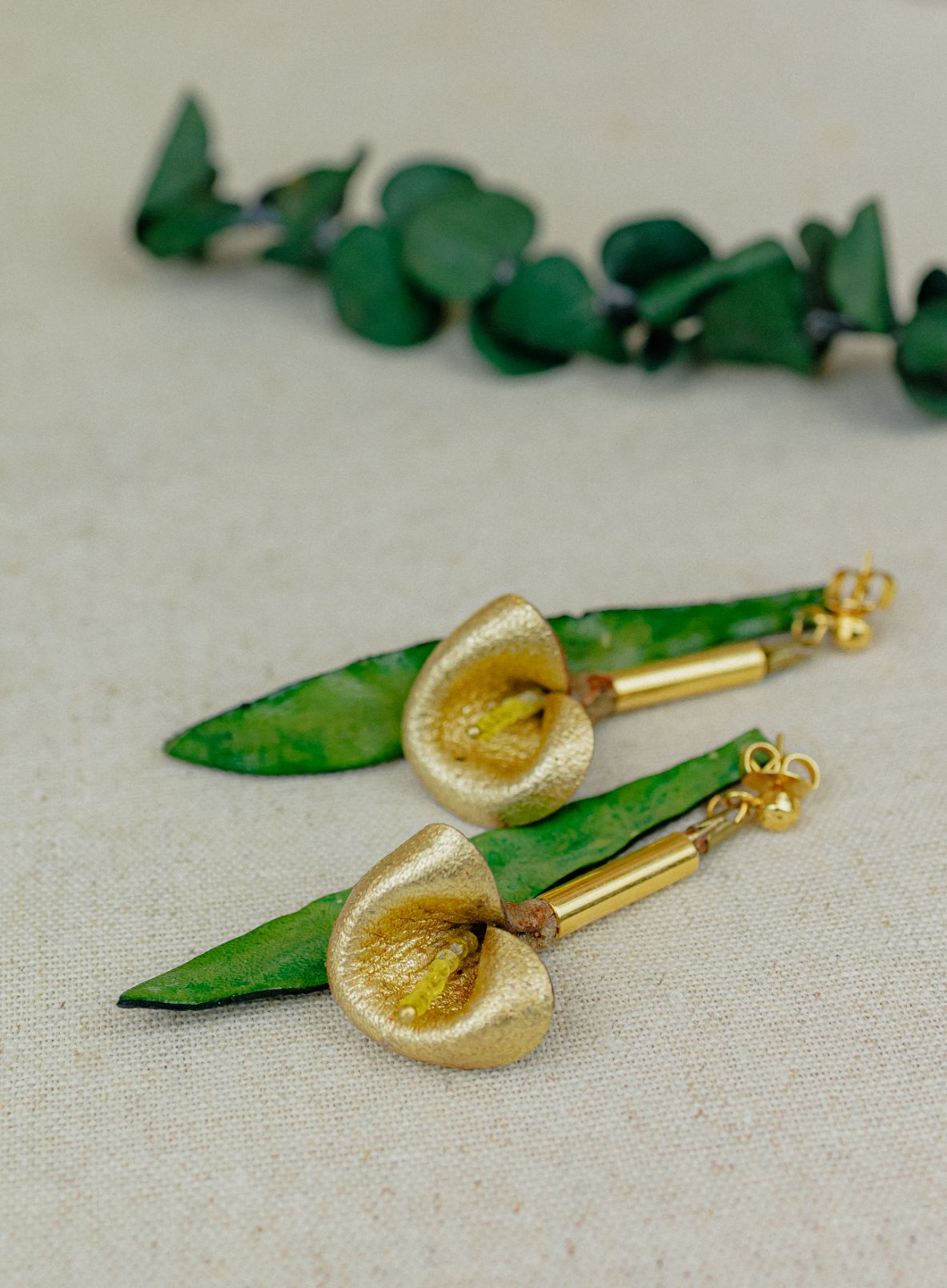 Calla Lily & Gold Leather Drop Earrings — Gold