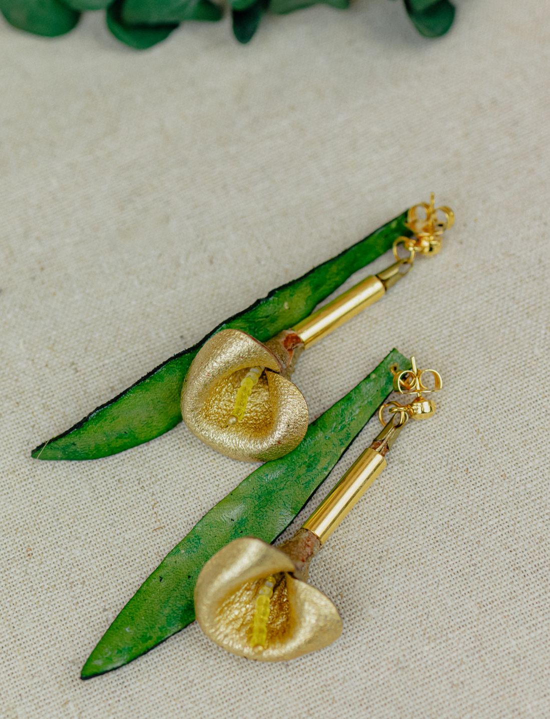 Calla Lily & Gold Leather Drop Earrings — Gold