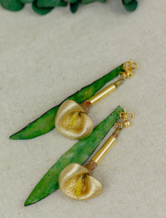 Calla Lily & Gold Leather Drop Earrings — Gold