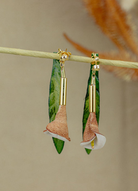 Calla Lily & Gold Leather Drop Earrings — Blush & White