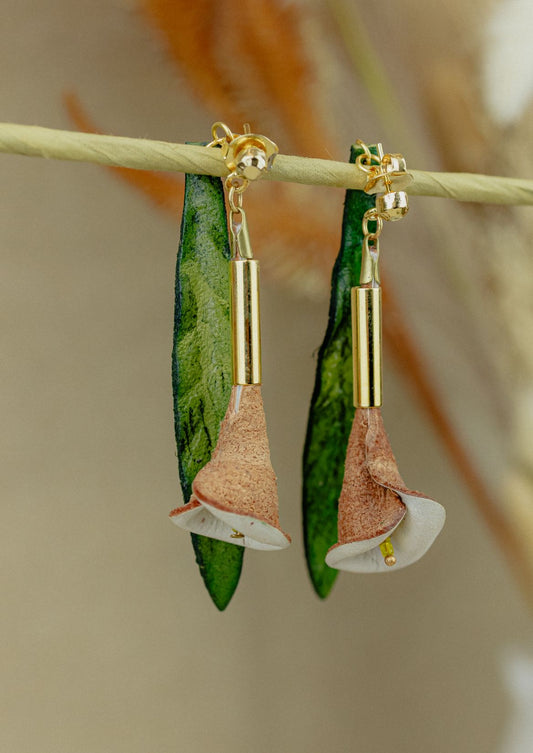 Calla Lily & Gold Leather Drop Earrings — Blush & White