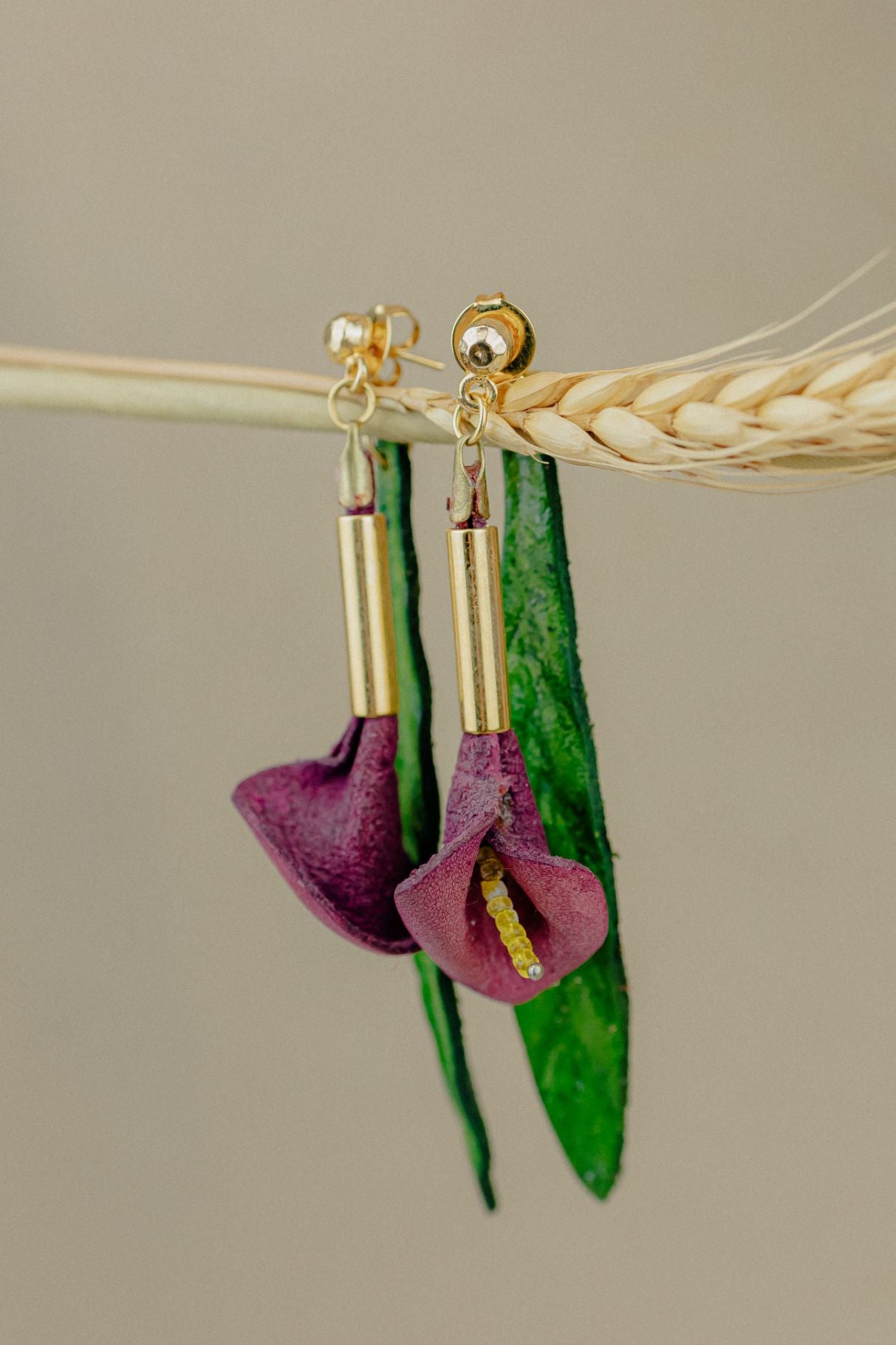Calla Lily & Gold Leather Drop Earrings — Purple & Green