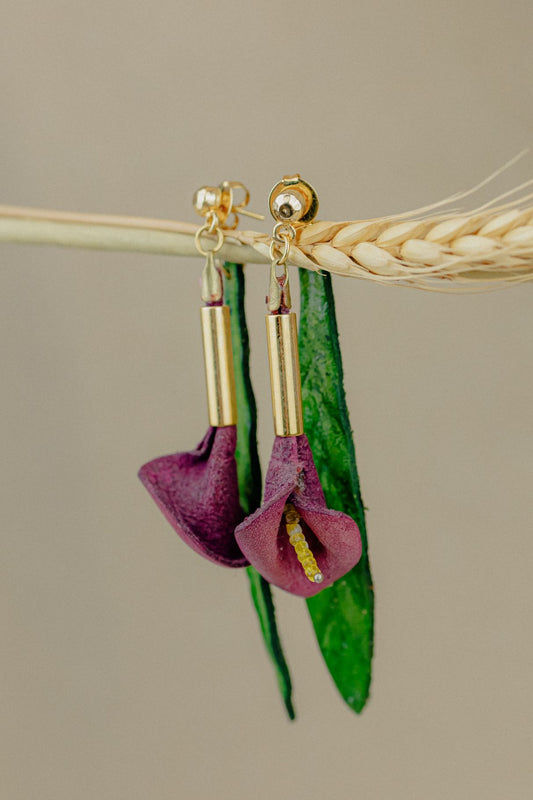 Calla Lily & Gold Leather Drop Earrings — Purple & Green