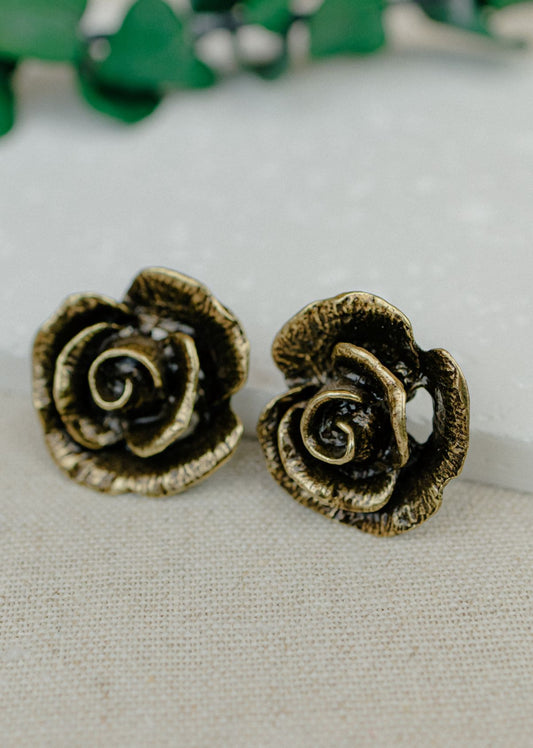 Antique Rose Metal Stud Earrings — Gold