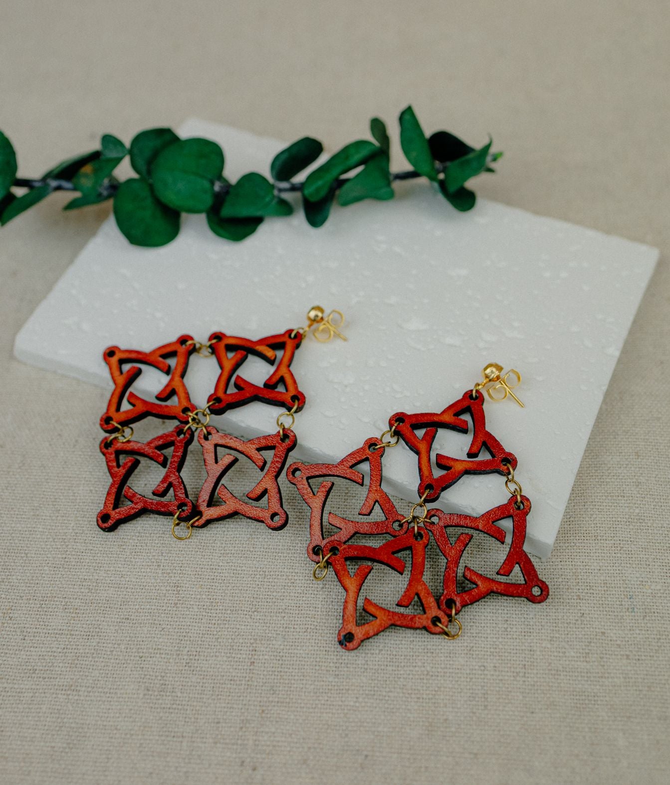 Geometric Lattice Leather Drop Earrings — Terracotta