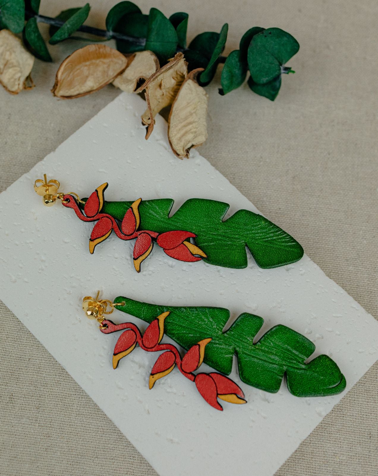 Monstera & Heliconia Leather Drop Earrings — Green & Red