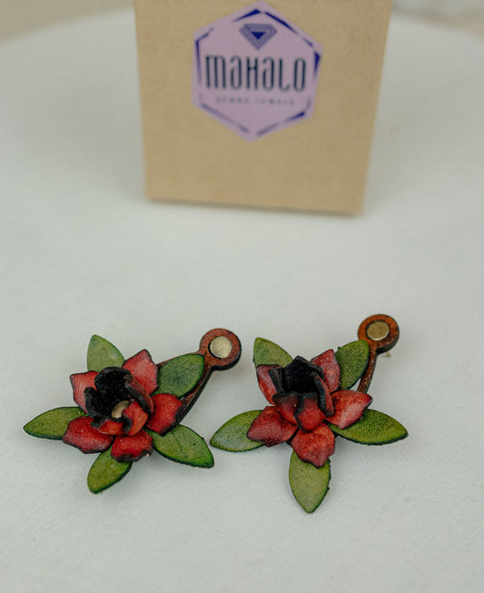 Magnolia & Leaf Leather Drop Earrings — Red