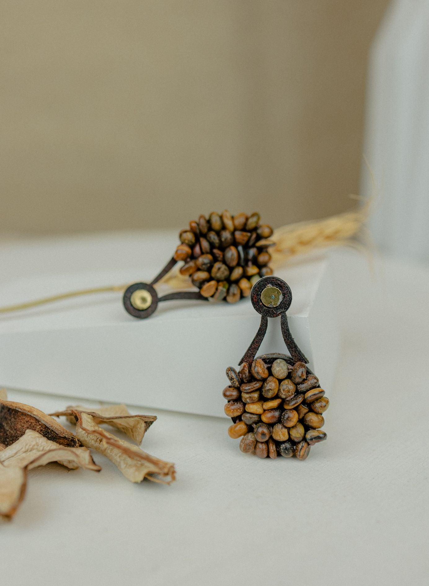 Natural Seed Cluster Leather Drop Earrings — Natural