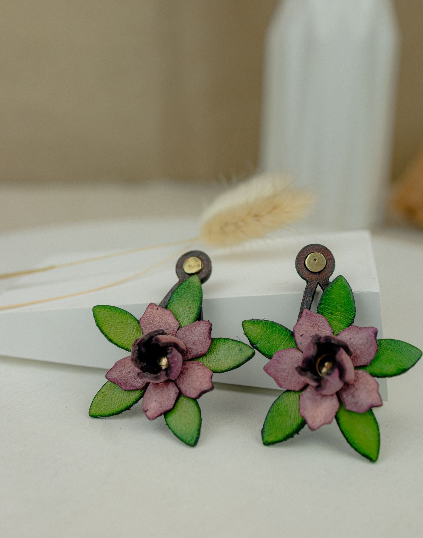 Magnolia & Leaf Leather Drop Earrings — Mauve