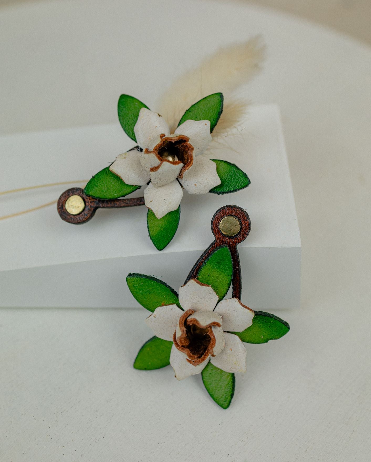Gardenia & Leaf Leather Drop Earrings — White