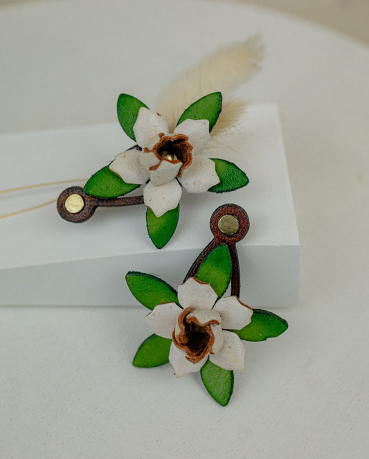 Gardenia & Leaf Leather Drop Earrings — White